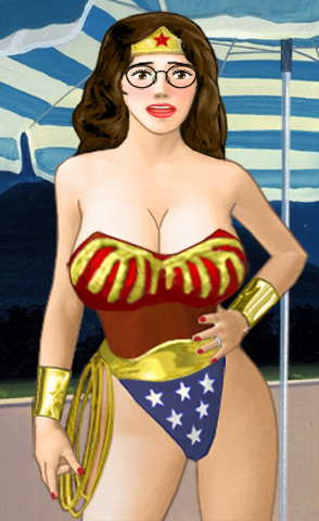 Susan in her Wonder Woman outfit, with headband, wrist bands and a coiled golden lasso in her right hand