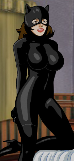 Susan in Suzanne's body-hugging Catwoman outfit, without glasses