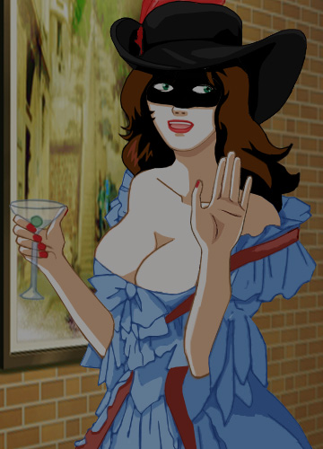 Suzanne, martini in hand, in her second, Renaissance outfit, masked but showing all her buxom charms