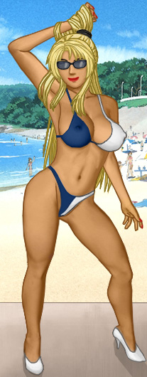 Heather in her bi-color-symmetric bikini, hand behind her head raising her ponytail, looking good enough to eat