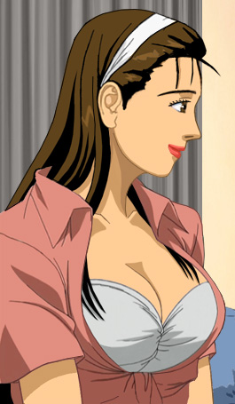 Katherine smiling, standing with a blouse that is open below her bra, framing her breasts