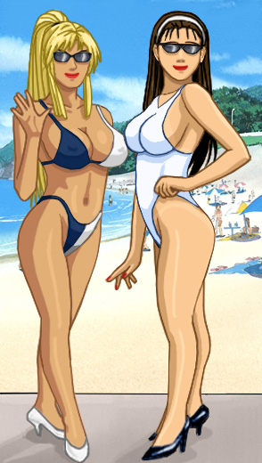 Katherine and Heather standing on the boardwalk at the beach, Katherine in a white one-piece, Heather in a bikini whose left half was white and right half was black