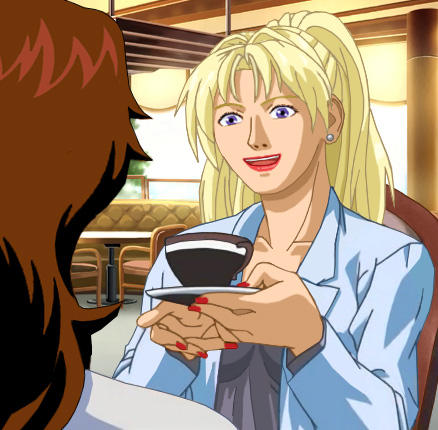 Suzanne talking to Helen in a coffee shop, with Helen holding her cup and saucer with both hands