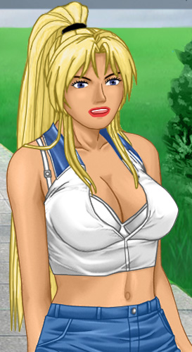 Heather in short shorts, bare midriff, and a halter top that is low and wide enough to show the top edges of her bra