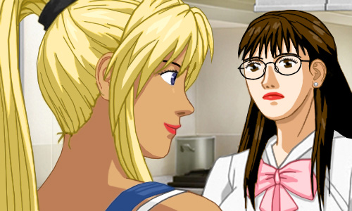 Heather, dressed, talking to Susan, who is wearing one of her fuddy-duddy blouses with a bow at the neck