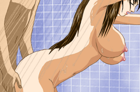 Alan and Susan in the shower, with Susan bent over with the water coursing over her and Alan standing behind, 'getting her attention'