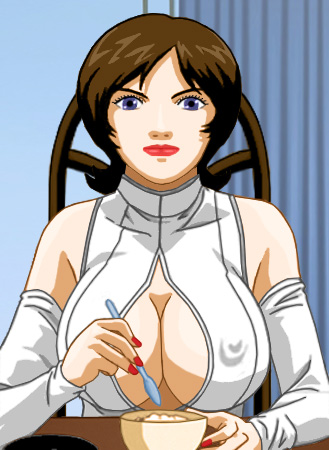 An angry Brenda sitting at the table braless in a blouse that shows her nipples and entire cleavage