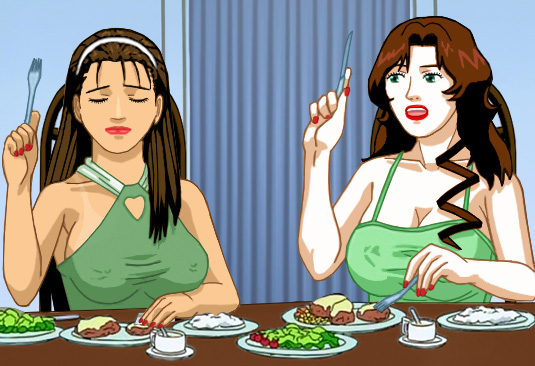Katherine and Suzanne sitting at the dinner table in form-fitting attire, with utensils in their hands, eating