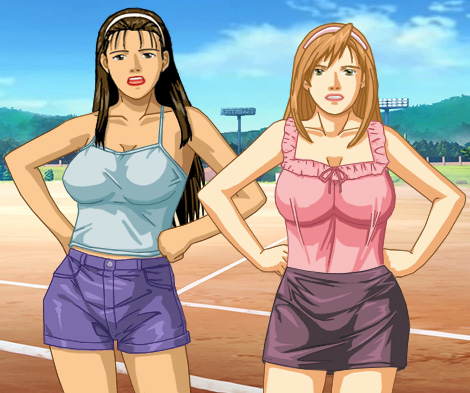 Katherine and Amy standing side-by-side on a sports field, each wearing a close-fitting halter top and short shorts
