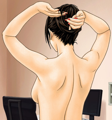 Akami standing with her back turned, topless, with both hands reaching up to fiddle with her hair