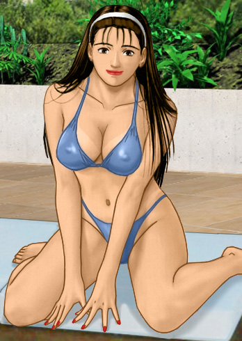 Katherine in a bikini, sitting between her heels on the pool deck