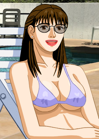 Susan sitting up in her lounge chair, with her bikini barely covering her areolae