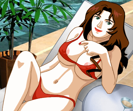 Suzanne lying on a poolside lounge chair, wearing a skimpy bikini