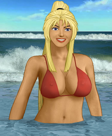 Heather at the beach, waist deep in the water, wearing her dark bikini top