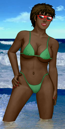 Simone in a light bikini and shades, knee-deep in the ocean at the beach