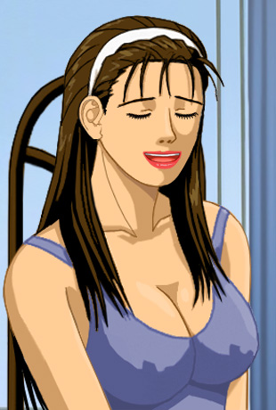 Katherine sitting apparently demurely in an almost see-through blouse that shows her nipples clearly