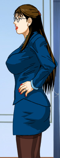 Susan in profile, standing with hands on hips, wearing a deep blue jacket and short skirt with brown hose