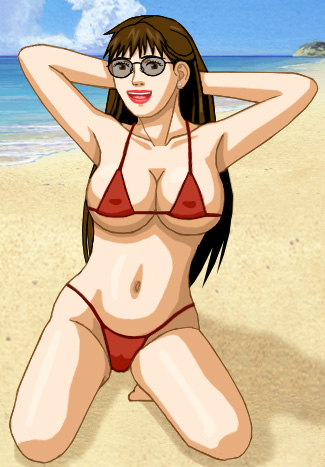 Susan, kneeling, in her teeny weeny bikini, hands behind head