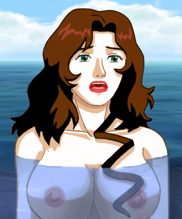 Suzanne neck-deep in the water, topless