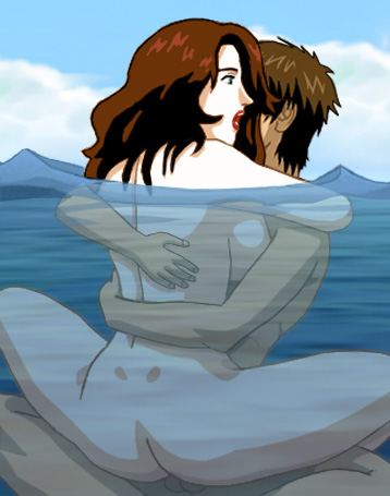 Suzanne mounting Alan while both are in water up to their necks