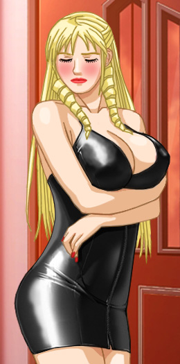 Christine in a tight, dark dress with arms under her breasts, showing off her prominent rack