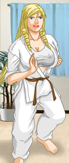 Christine in a white gi over a light gray sports bra, cinched at the waist by her earned brown belt