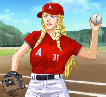 Christine in a red ball-player's cap and blouse, with white shorts, throwing a softball left-handed with a catcher's mitt on her right hand
