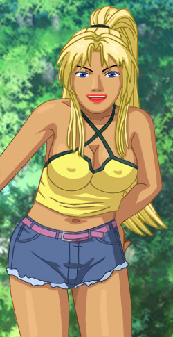 Heather in a brief, form-hugging yellow top, very short cutoff shorts, and bare midriff, leaning forward