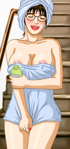 A blushing Susan wrapped in a towel from bust to upper thighs, with another towel wrapping her hair