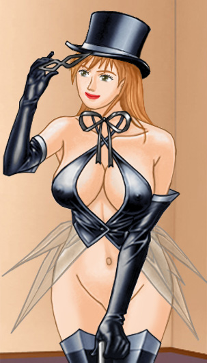 Amy in a cabaret-styled outfit with top hat, tall boots, gloves that extend above her elbows, bow tie, angulated top that covers her nipples but exposes her cleavage and a diaphanous skirt that extends like wings from her waist, completely exposing her pussy