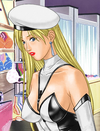 Ginger, wearing a beret-like cap and a form-hugging leather-like outfit suitable for selling S&M gear in a sex shop