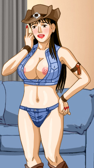 Susan, without glasses, in a cowgirl-themed outfit that could barely be worn in public, more likely on stage in a Western revue