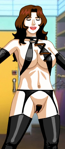 Suzanne in black hose and garter belt and a bikini-like top that covers her areolae with diagonal straps to her waist
