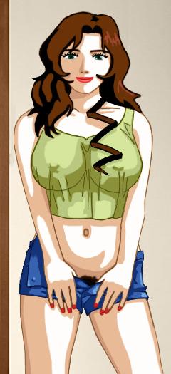 Suzanne in a see-through top and extremely low cut, cut-off jean shorts