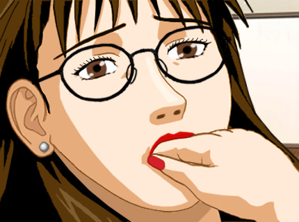 Susan with three fingers in her mouth, simulating sucking on a big prick