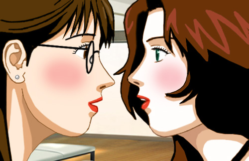 Susan and Suzanne face to face, as if about to kiss