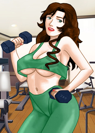Suzanne in a green outfit with a skimpy greed halter top, working out with dumbbells