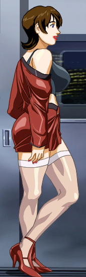 Brenda standing in a train in a very short skirt with thigh-high stockings, with her bust hanging out