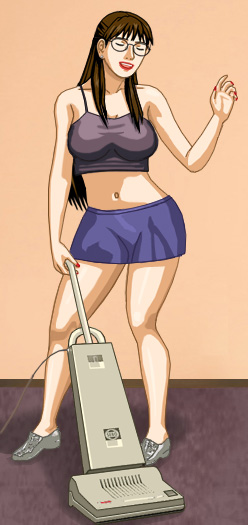 Susan practicing sashaying while vacuuming