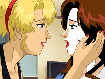 Glory holding Suzanne's head close, as if for a scorching kiss