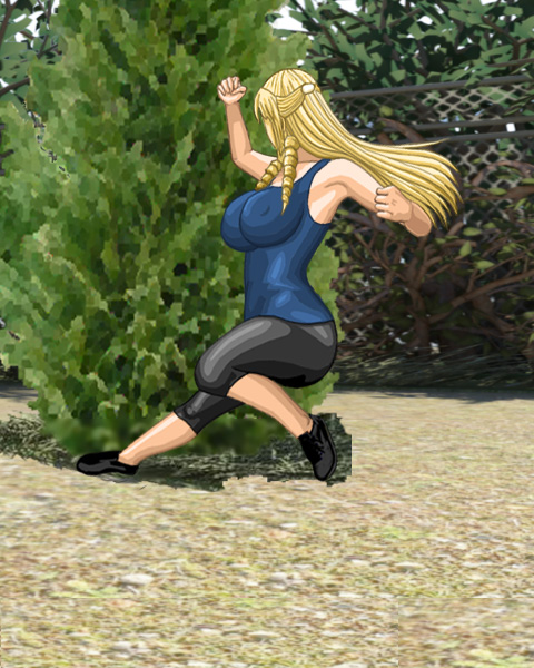 Christine in a tight Spandex outfit in mid-air, leaping with right leg leading and arms held high, away from her body