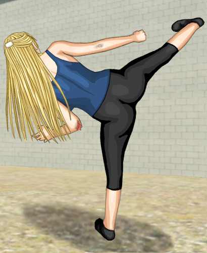 Christine in her tight Spandex outfit, leg high after a snap-kick to someone's head