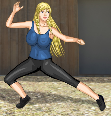 Christine in a tight, form-hugging Spandex outfit, in a martial-arts-like ready stance