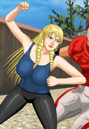 Christine in her tight Spandex outfit, with her right hand raised in a fist and her left elbow ready for a backward strike, with a big guy wearing football pads coming up behind her left side