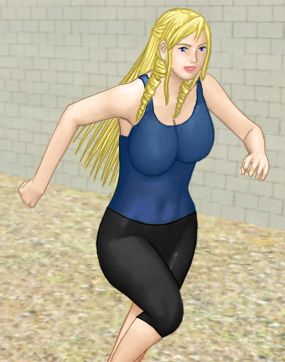 Christine in a tight Spandex outfit, overtaking and running past Alan