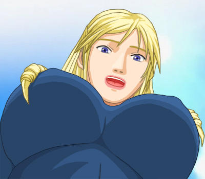 Christine looking down, as seen by a camera looking up from below her big boobs