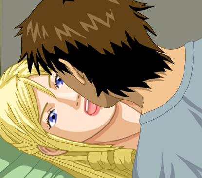 Christine lying on her gurney, open-eyed, with Alan's head over her as he descends to kiss her