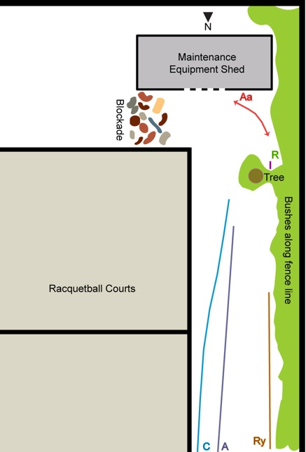 Sketch of the long corridor and the area where their attackers are hiding, with markings showing initial placement and long paths of movement