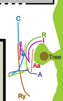 Closeup sketch with markings showing Christine dealing one at a time with Ryan, Ivan and Rock