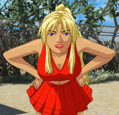 Heather, confrontational, in her red cheerleader outfit